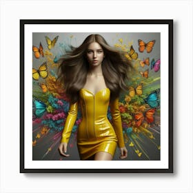 Butterfly Girl In Yellow Dress Art Print