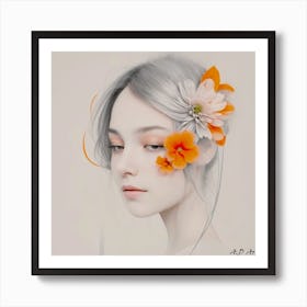 Beauty Portrait Painting - Grey Line And Orange Flowers Art Print