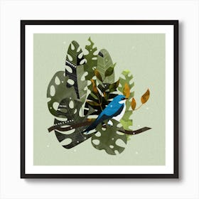 Blue Bird In The Forest Nature Plant Leaves Art Print