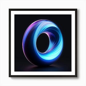 A 3D rendering of a glowing blue and purple torus on a black background. The torus is made up of a series of concentric rings, each one slightly offset from the last. This creates a sense of movement and depth. The torus is also illuminated by a bright light, which creates a dramatic effect. The overall effect is one of beauty and mystery. Art Print