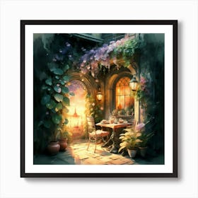 Quiet and attractive dining nook, overgrown flowers, high quality, detailed, highly 3D, elegant carved cart, 12 Art Print