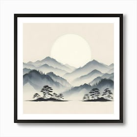 Asian Landscape Painting Sunset Sunrise Sun Art Print