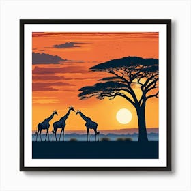 Giraffes Silhouetted Against An African Sunset 1 Art Print