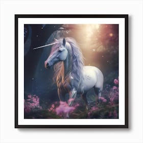 white unicorn with a long mane in a mystical fairytale forest, mountain dew, fantasy, mystical forest, fairytale, beautiful, purple pink and blue tones, dark yet enticing, Nikon Z8 2 Art Print