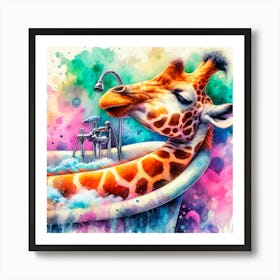 Giraffe In Bath Art Print