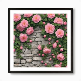 Light Pink Climbing Roses On Stone Wall Art Print