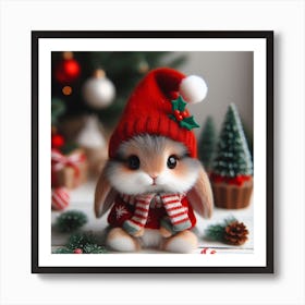 Cute Christmas Bunny In Christmas Hat Art Print