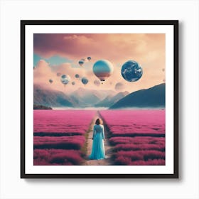 Make A Surreal Vintage Collage Of A Field With Planet Earth At The Center, A Couple Watching, Flying (9) Art Print