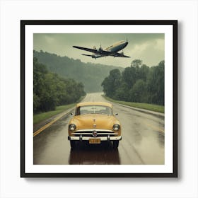 Airplane Flying Over A Yellow Car Art Print