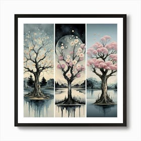 Three different paintings each containing cherry trees in winter, spring and fall 6 Art Print