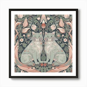 William Morris  Inspired  Classic Cats Pink And Sage Square Art Print