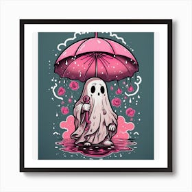 Ghost In The Rain Tattoo drawing of a ghost holding pink umbrella in a rainstorm. Include rain and lightning. In the style of Sailor Jerry. American traditional tattoo. Art Print
