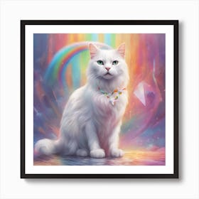 White Cat With Rainbow Art Print