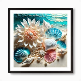 Firefly A Beautiful Feminine Flatlay Of Exotic Seashells, Corals, And Pearls On White Sands And Ocea (2) Art Print