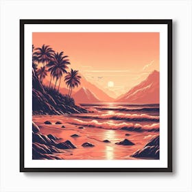 Evening Rosegold Beach at sunset amidst the mountains in an art print 7 Affiche