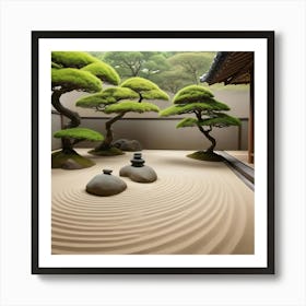 A tranquil scene of a Japanese zen garden with perfectly raked sand, smooth stones, and meticulously pruned bonsai trees. The artwork should evoke calmness and peace, with a minimalist and harmonious composition 2 Art Print