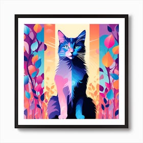 Cat In two shades, Cat In The Forest, purple and blue cat, Art Print