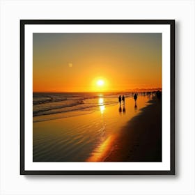 A Serene Sunset Casting A Golden Hue Over A Tranquil Beach Silhouettes Of Relaxed Individuals Strol (1) Art Print