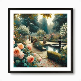 Rose Garden With The Fountain, Acrylic Style Painting 25 Art Print