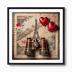 Firefly A Paris, France Vintage Travel Flatlay, Binoculars, Small Red Heart, Map, Stamp, Flight, Air (1) Art Print