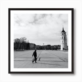 Black And White Photo Of A Man Walking Art Print