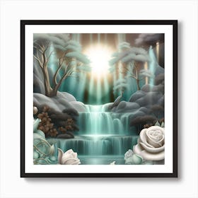 Waterfall And Roses In The Forest Art Print