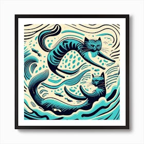 Swimming Mermaid Cats Art Print