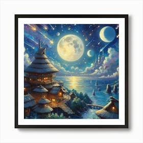 Moonlight Over Japanese Village Art Print