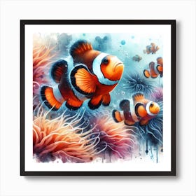 Sea Clownfish In Motion, Sea Clownfish Watercolour Art Print 2 Art Print