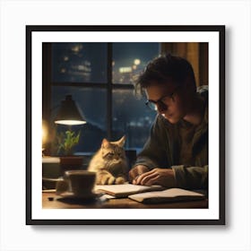 A person studying with a cat Art Print