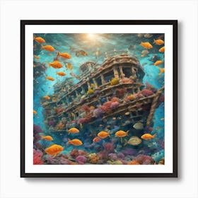 Sunken Ship In A Vibrant Coral Reef Art Print