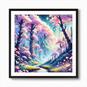 A Fantasy Forest With Twinkling Stars In Pastel Tone Square Composition 193 Art Print