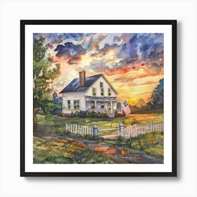 White Farmhouse Watercolor With American Flag and Vibrant Summer Sunset ~ Americana Vintage Wholesome Art Decor | Dreamy Idyllic Art Print