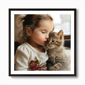 Little Girl Kissing Kitten Art Print