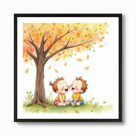 Watercolor Baby Twins Giggling Under A Tree With Colorful Leaves Art Print