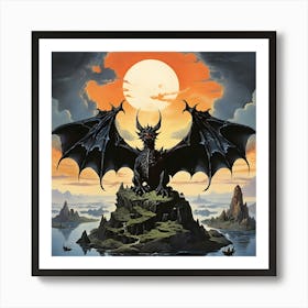 A Dragon With Large Bat Like Wings Flying Over A Floating Islands Póster