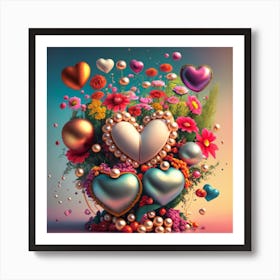 beautiful flowers, pearls, surreal magnificent, lots of shiny splash on top many heart globes, falling pearls . Art Print