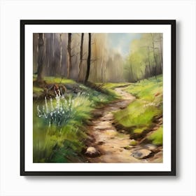 Path In The Woods.A dirt footpath in the forest. Spring season. Wild grasses on both ends of the path. Scattered rocks. Oil colors.13 Art Print