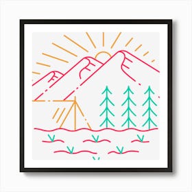 Colorful Mountain Camping Sunrise Line Art Art Print