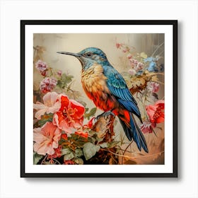 Tropical Majesty: Blue and Orange Bird with Vibrant Florals - Nature Art Art Print