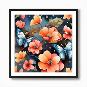 Blue And Orange Flowers With Butterflies Art Print