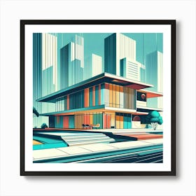 Graphic Illustration Of Mid Century Architecture With Sleek Lines And Vibrant Colors, Style Graphic Design Art Print