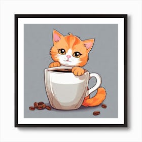 Cute Orange Kitten Loves Coffee Square Composition 17 Art Print