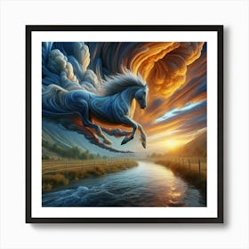 3 Dimensional Horse Jumping A Creek Sunset Clouds Swirling Art Print