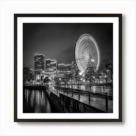 Dazzling Monochrome Yokohama Skyline At Night Art Print