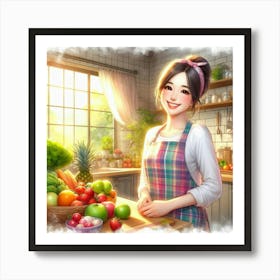 Asian Girl In Kitchen Art Print