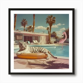 A White Tiger At A Pool Wide Art Print