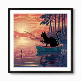 Cat Fishing In A Boat Art Print