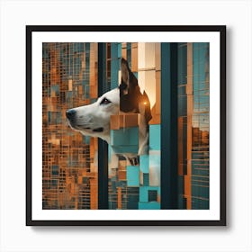 A Dog S Head Shows Through The Window Of A City, In The Style Of Multi Layered Geometry, Egyptian Ar Art Print
