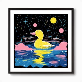 Duckling Linocut Style At Night 4 Art Print